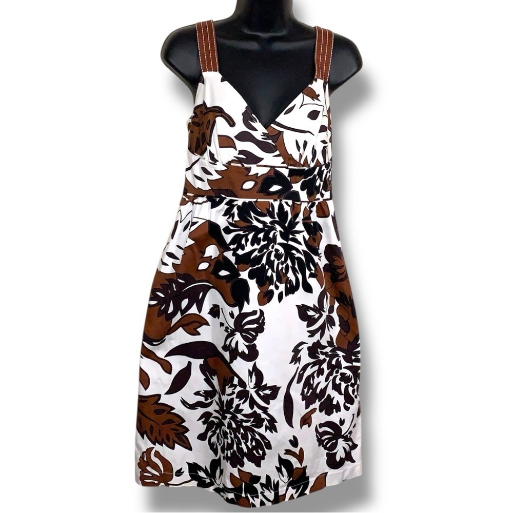 Y2K Era Size 10 Sundress Ana Cotton Brown White Floral Print Vneck Sleeveless
